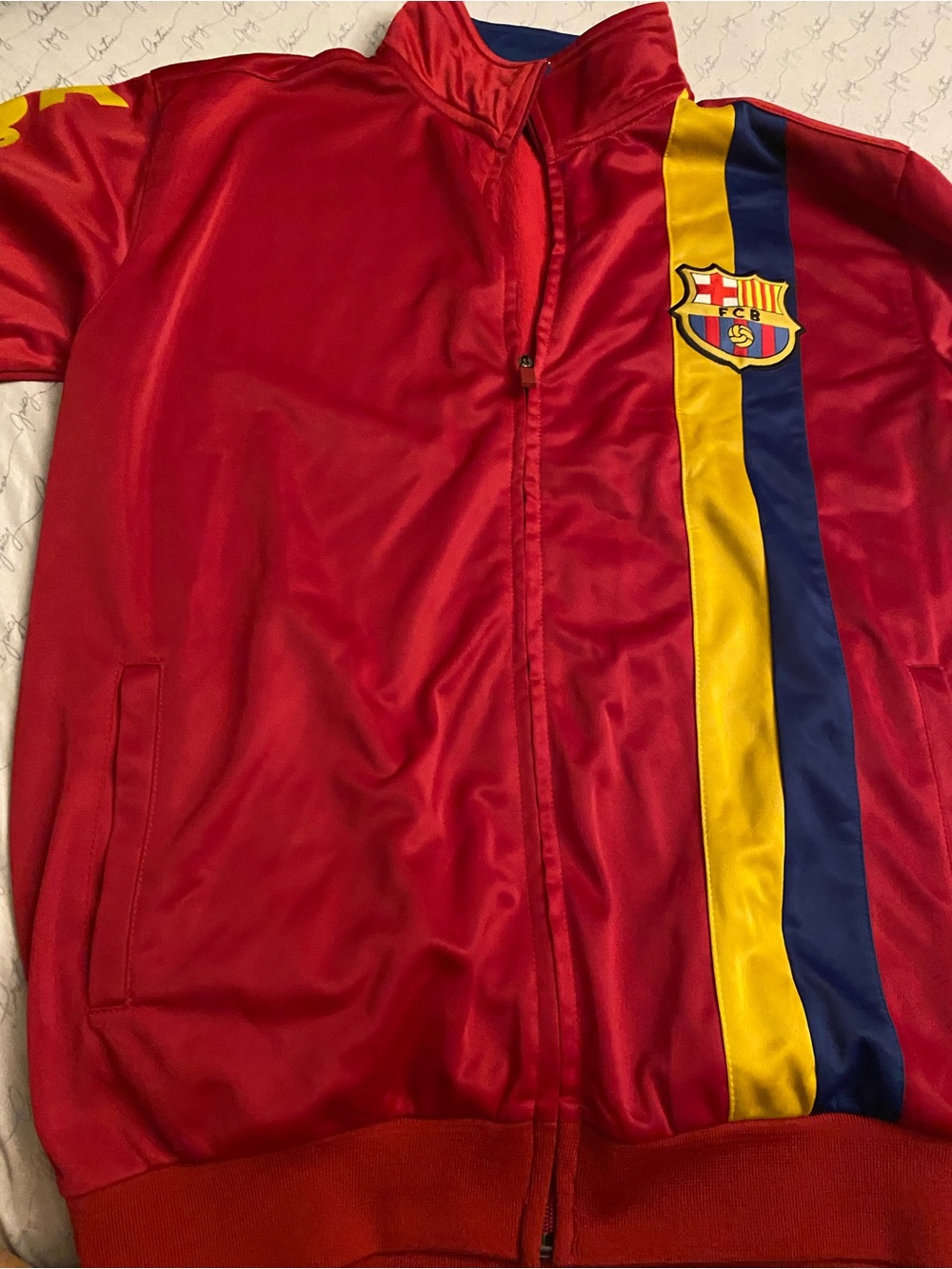 Red Track Jacket with Yellow & Blue Stripe